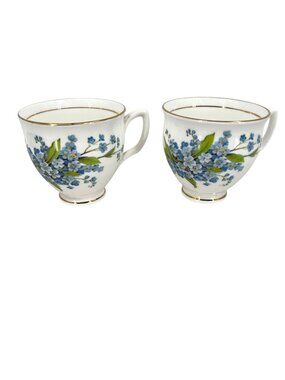 Duchess Bone China Forget-Me-Not Teacups With Gold Trim Set Of 2 England Made